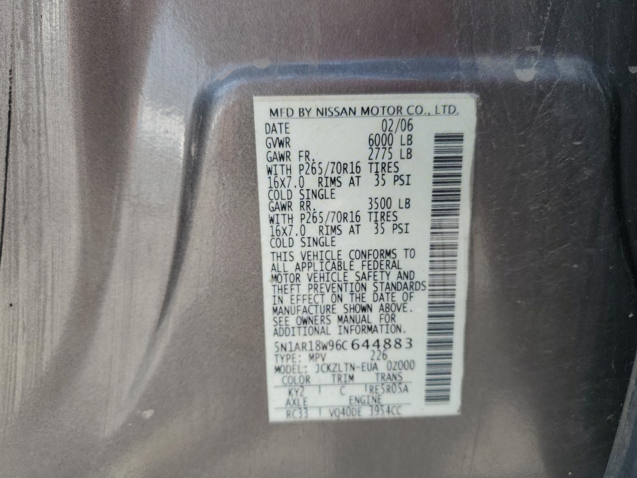 2008 Nissan Pathfinder Le VIN: 5N1AR18W96C644883 Lot: 67588405