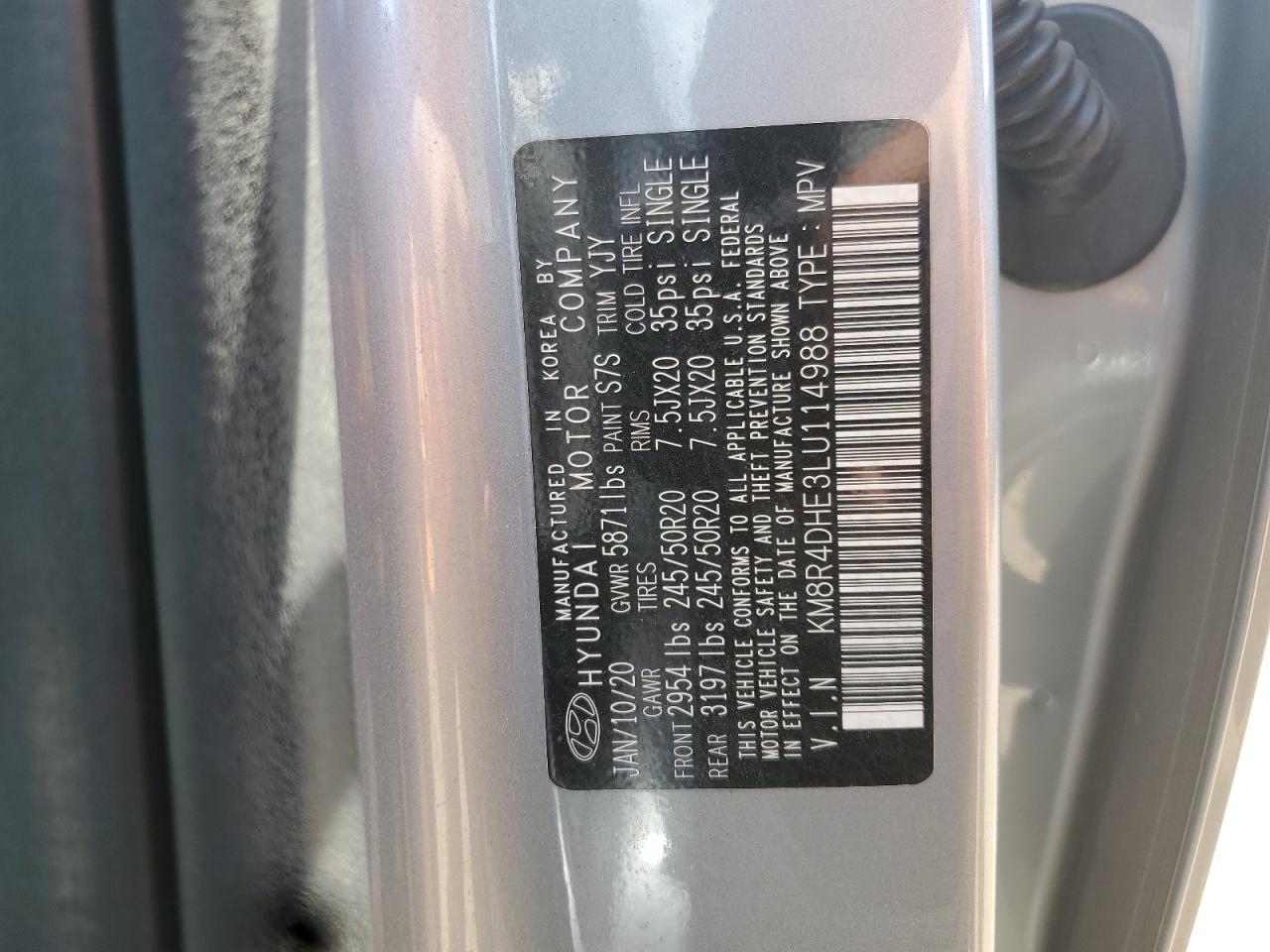 2020 Hyundai Palisade Sel VIN: KM8R4DHE3LU114988 Lot: 68208585