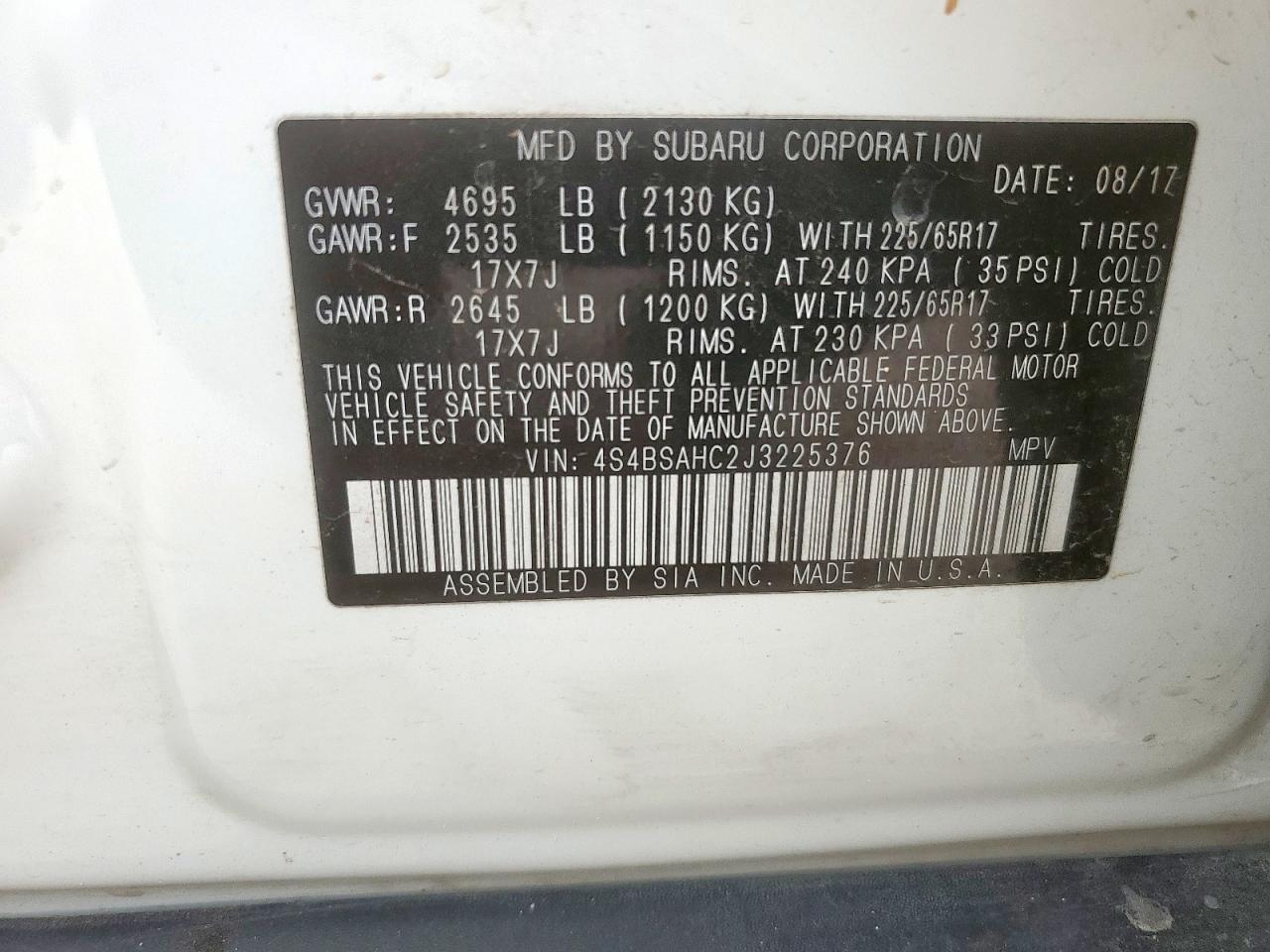 2018 Subaru Outback 2.5I Premium VIN: 4S4BSAHC2J3225376 Lot: 68122225