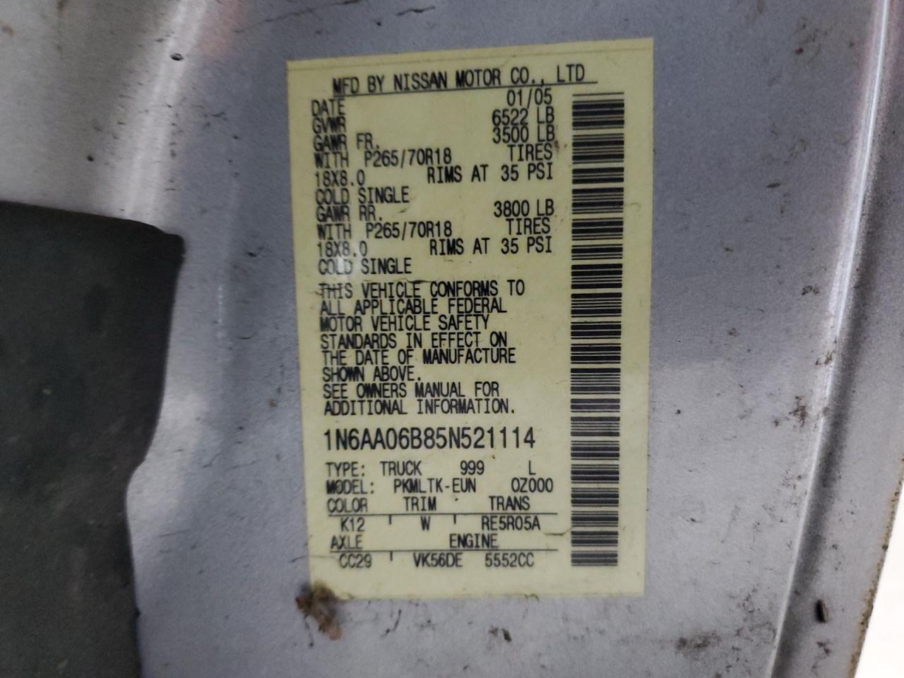 2005 Nissan Titan Xe VIN: 1N6AA06B85N521114 Lot: 69607445