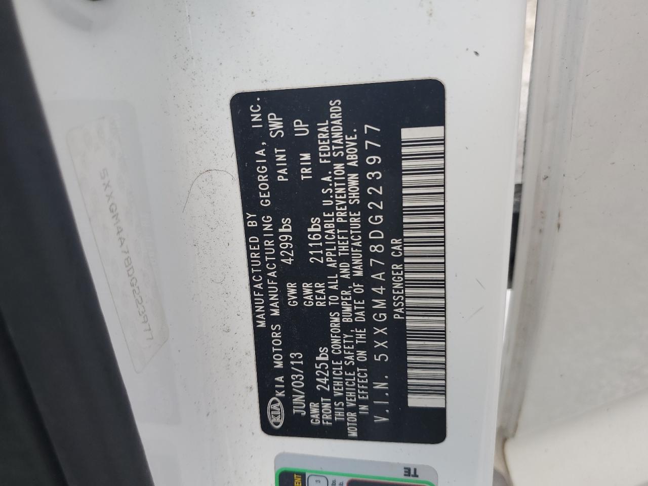 2013 Kia Optima Lx VIN: 5XXGM4A78DG223977 Lot: 69701405