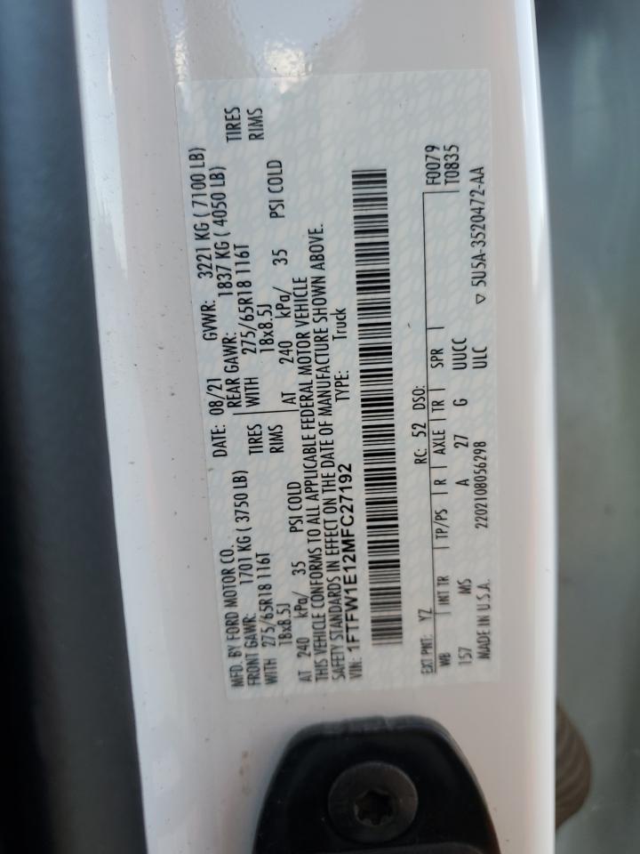 2021 Ford F150 Supercrew VIN: 1FTFW1E12MFC27192 Lot: 58986135