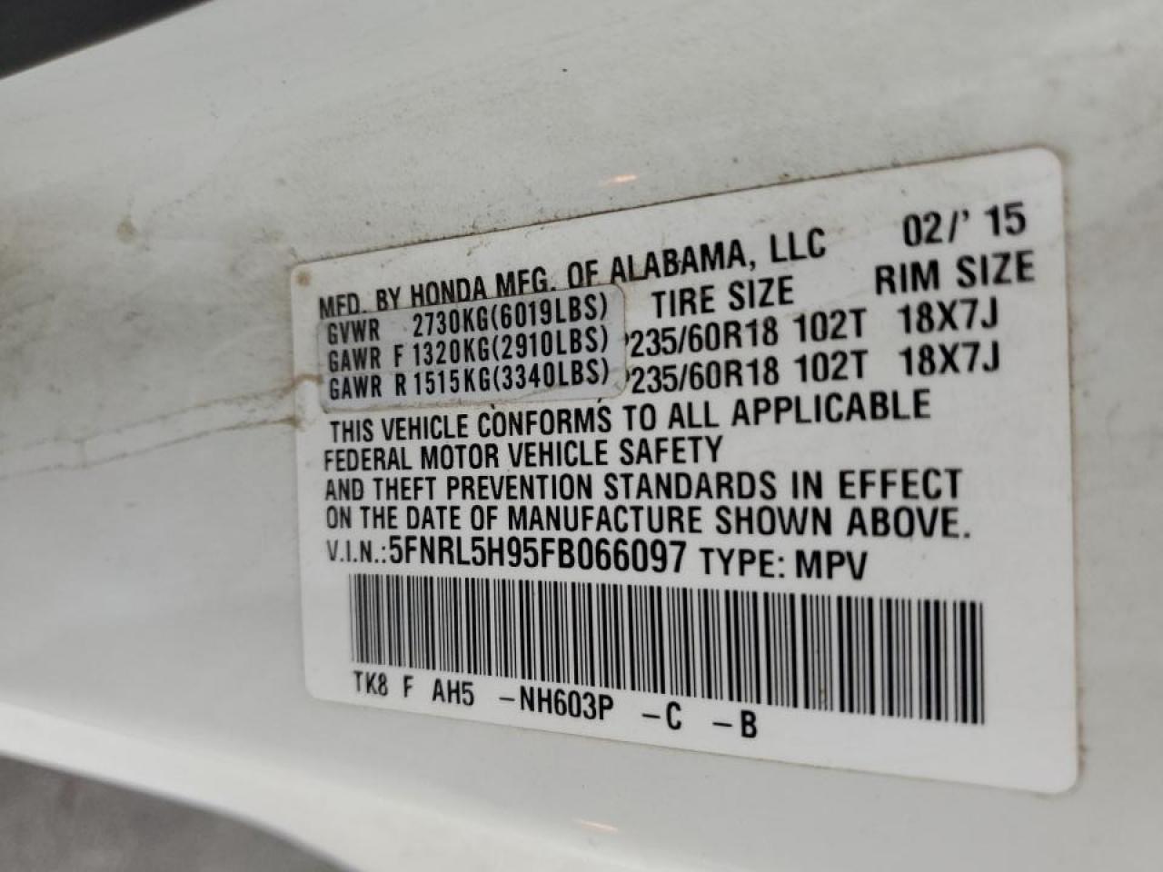 2015 Honda Odyssey Touring VIN: 5FNRL5H95FB066097 Lot: 69483105