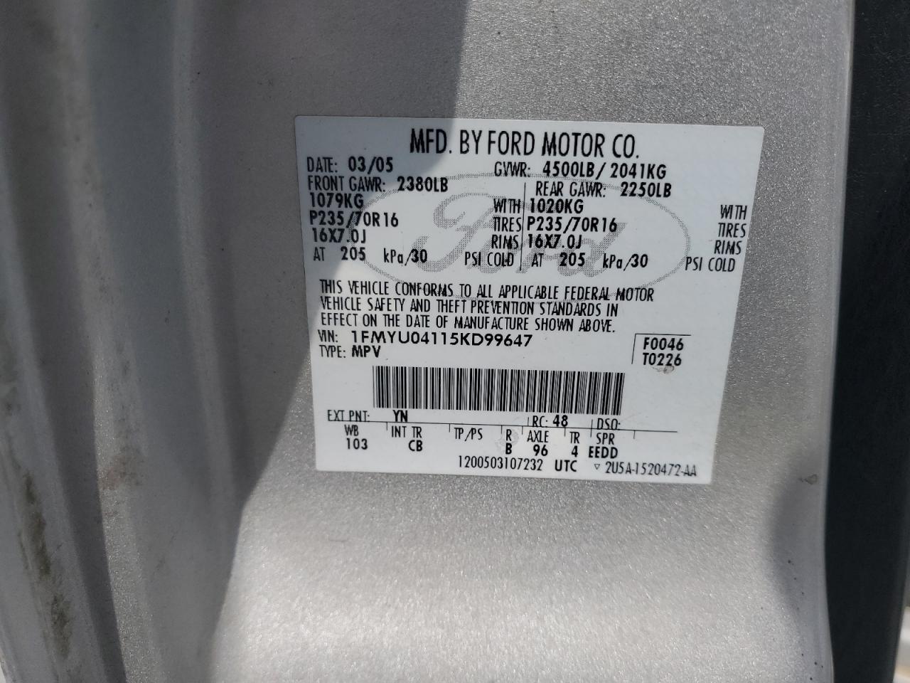 2005 Ford Escape Limited VIN: 1FMYU04115KD99647 Lot: 67616715