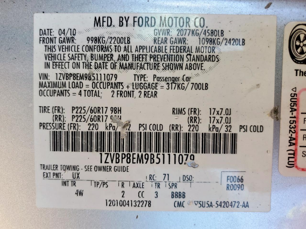 2011 Ford Mustang VIN: 1ZVBP8EM9B5111079 Lot: 67731465