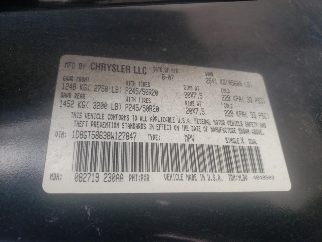 2008 Dodge Nitro R/T VIN: 1D8GT58638W127847 Lot: 68619115