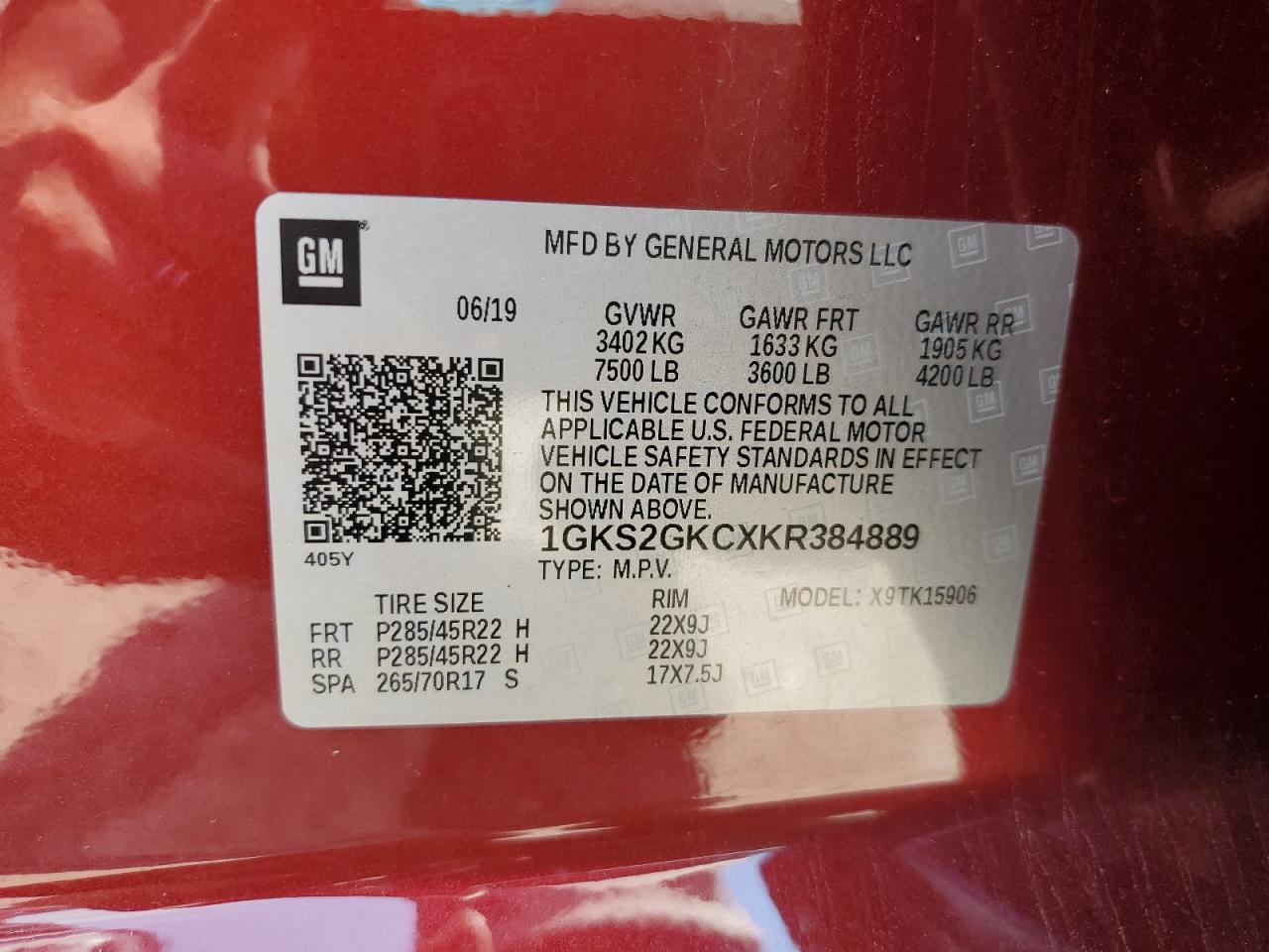 2019 GMC Yukon Xl K1500 Slt VIN: 1GKS2GKCXKR384889 Lot: 68169965