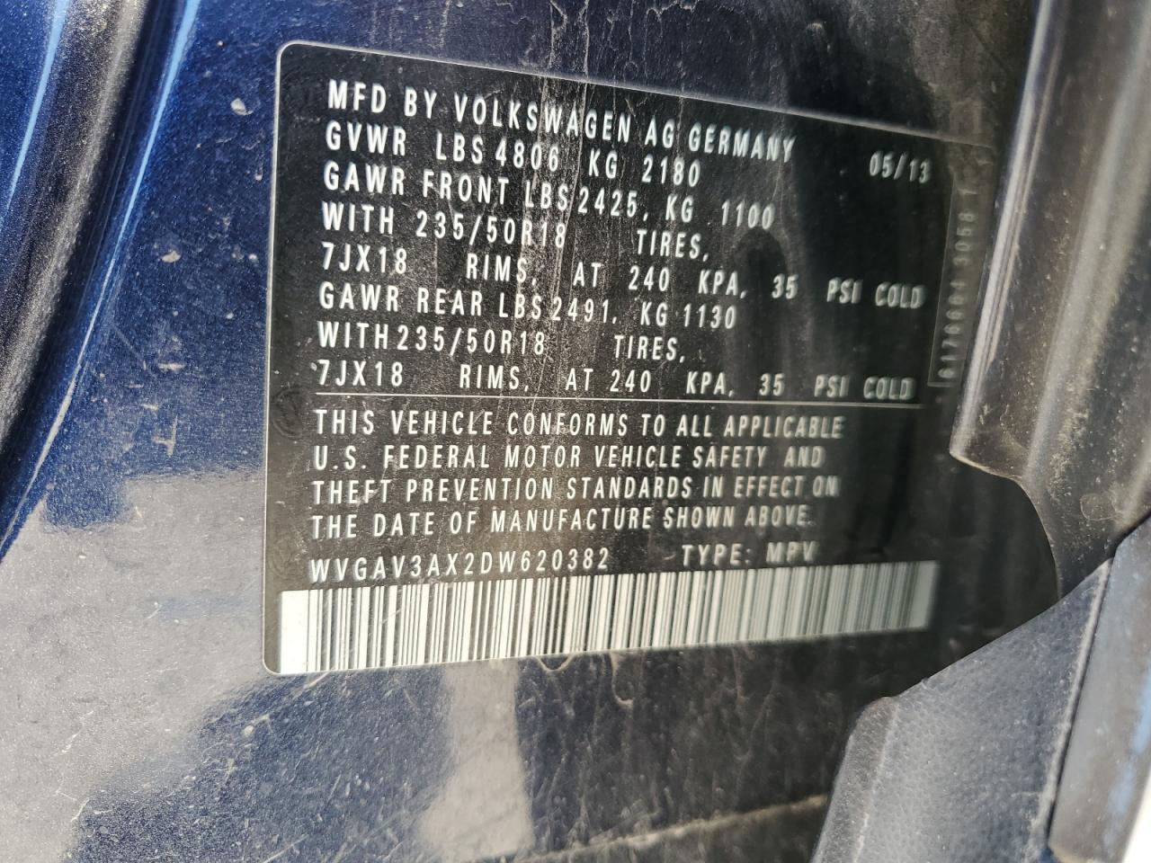 2013 Volkswagen Tiguan S VIN: WVGAV3AX2DW620382 Lot: 70868795