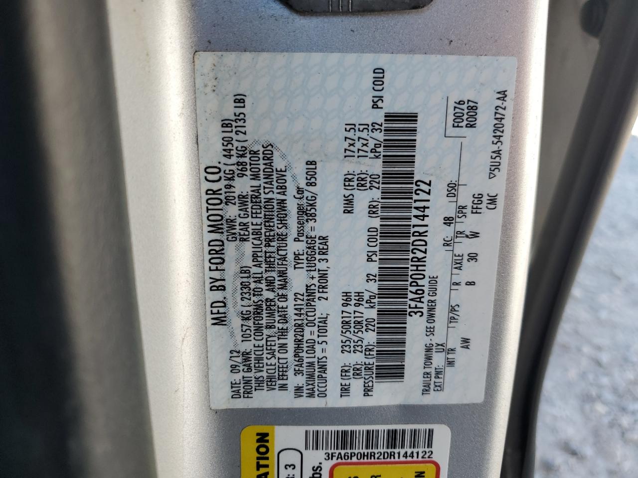 2013 Ford Fusion Se VIN: 3FA6P0HR2DR144122 Lot: 69778685