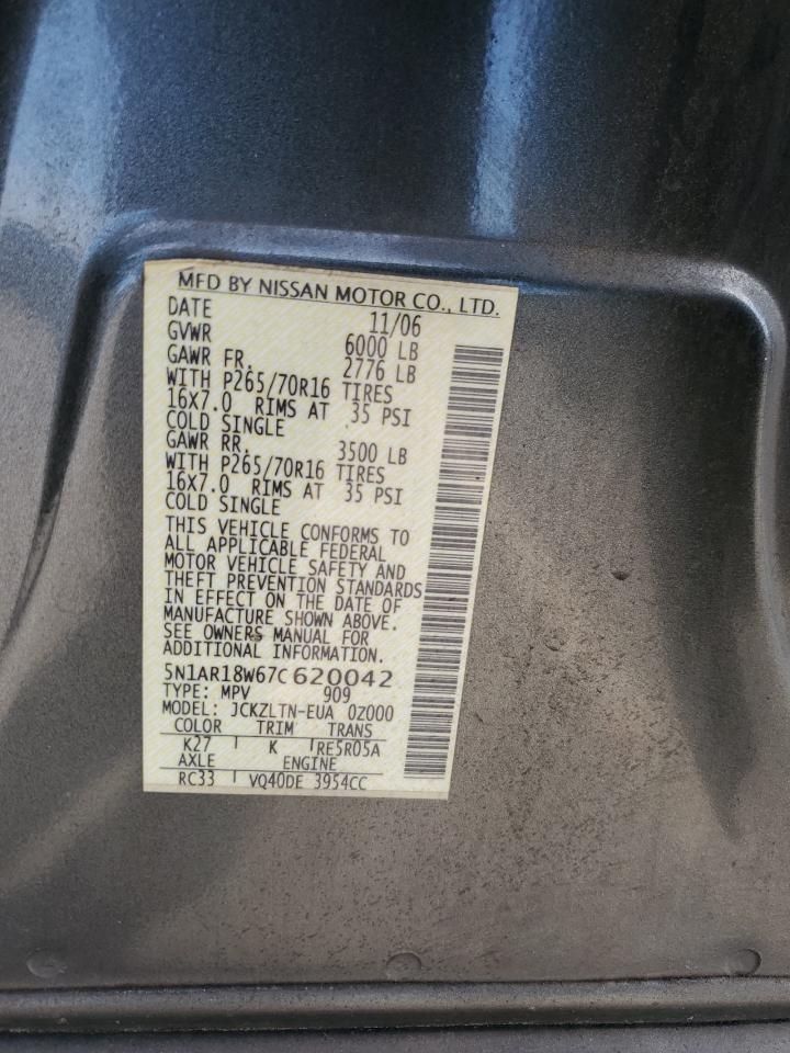 2007 Nissan Pathfinder Le VIN: 5N1AR18W67C620042 Lot: 70759205