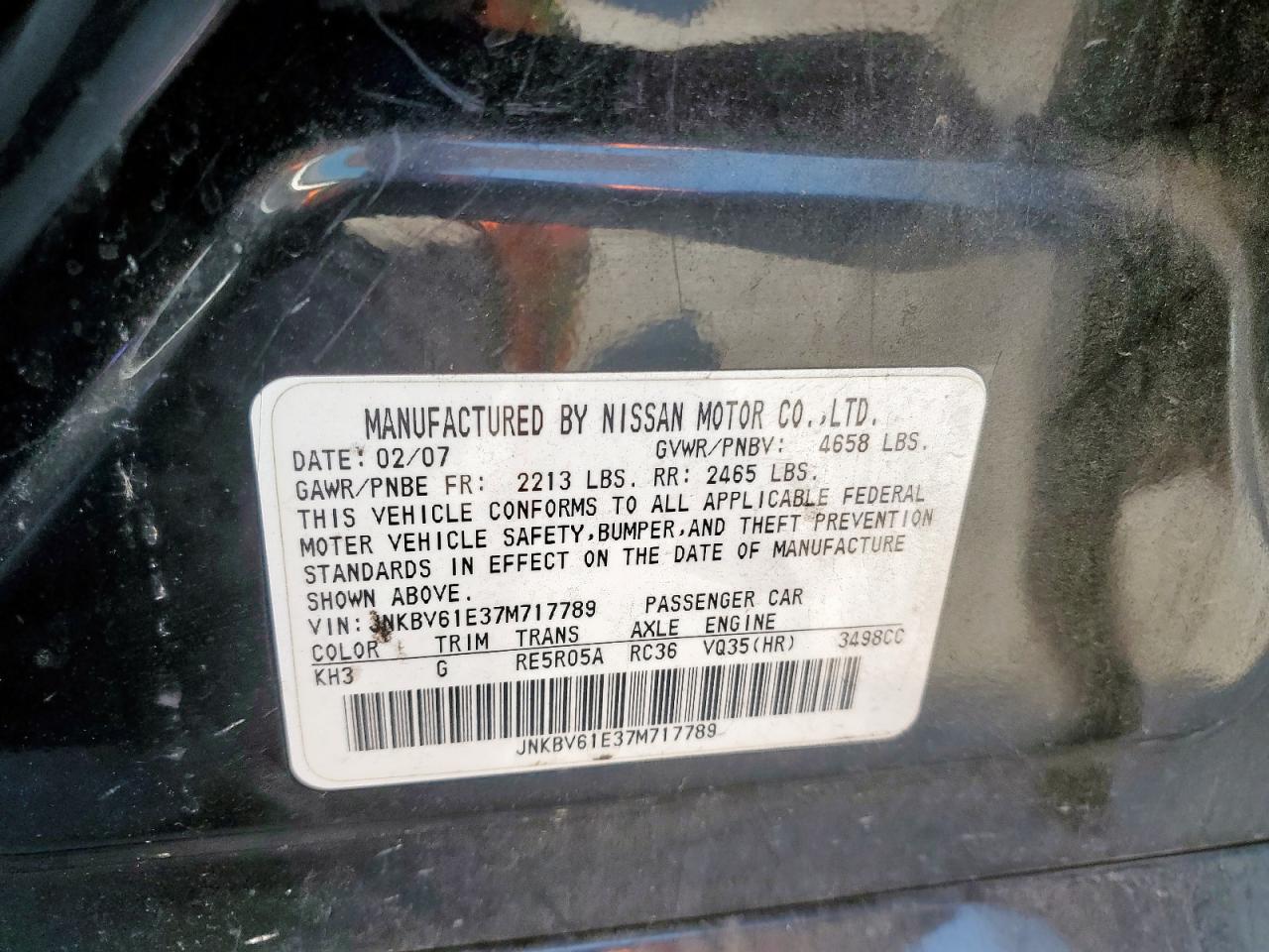 2007 Infiniti G35 VIN: JNKBV61E37M717789 Lot: 68314805