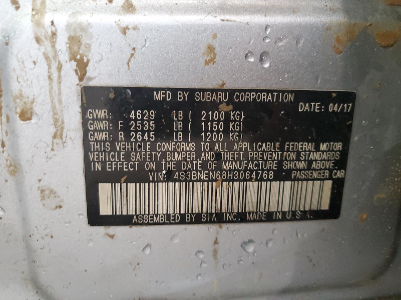 2017 Subaru Legacy 3.6R Limited VIN: 4S3BNEN68H3064768 Lot: 69866485