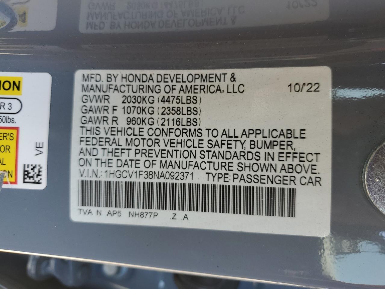 2022 Honda Accord Sport VIN: 1HGCV1F38NA092371 Lot: 69473535