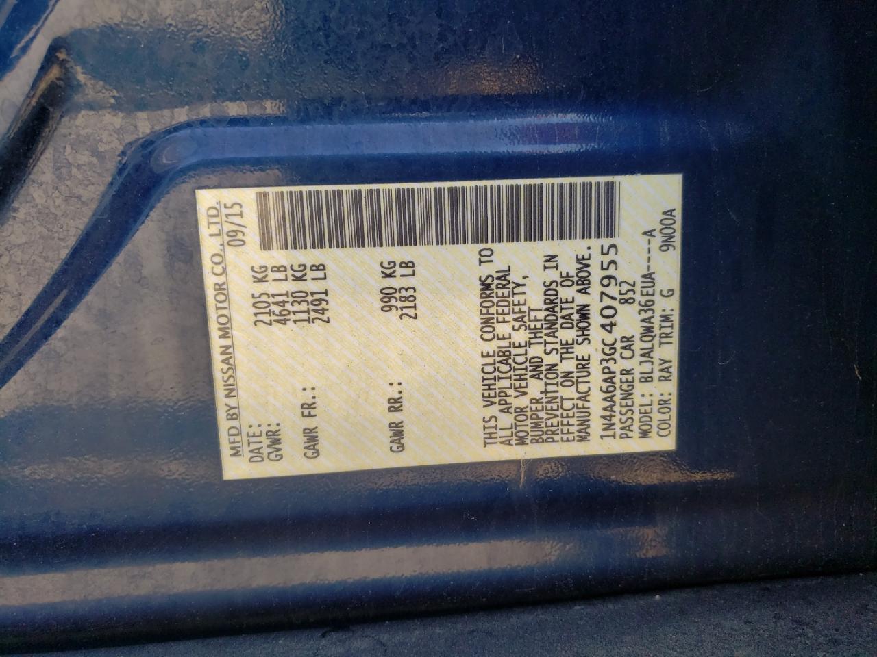 2016 Nissan Maxima 3.5S VIN: 1N4AA6AP3GC407955 Lot: 68083635