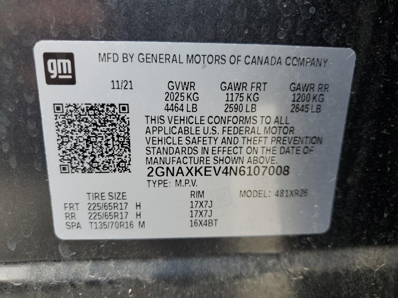 2022 Chevrolet Equinox Lt VIN: 2GNAXKEV4N6107008 Lot: 67978095