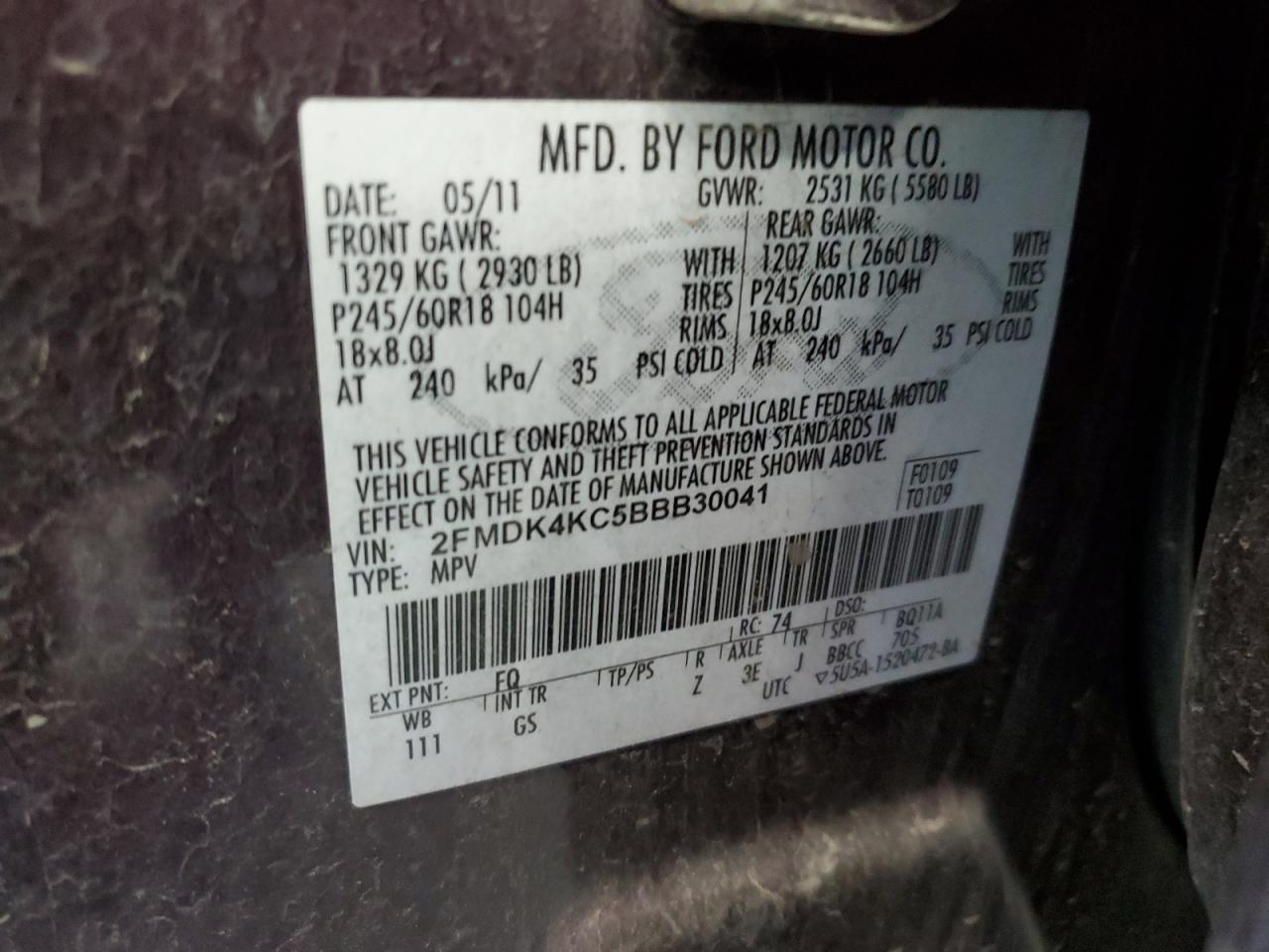 2011 Ford Edge Limited VIN: 2FMDK4KC5BBB30041 Lot: 68852145