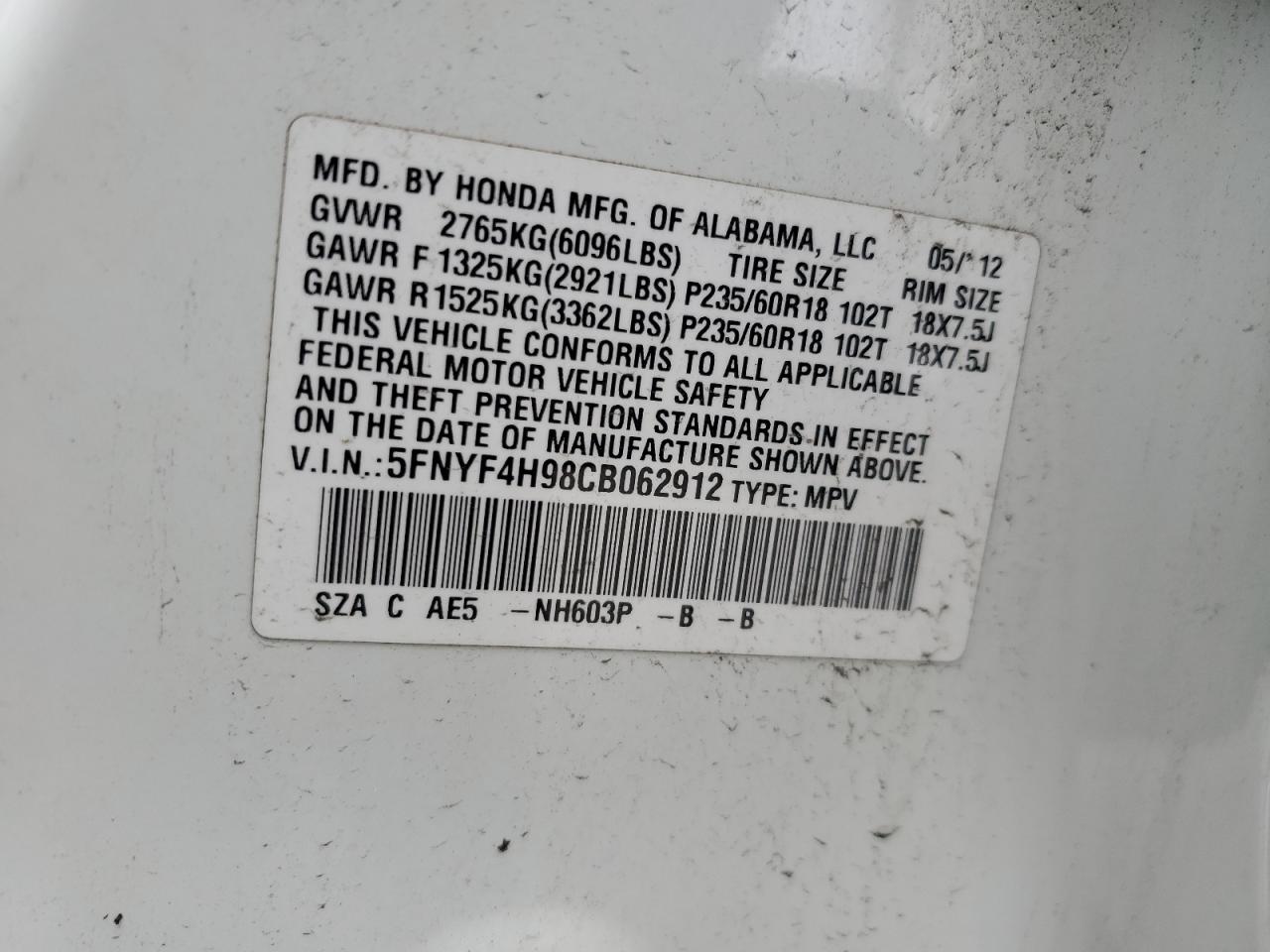 2012 Honda Pilot Touring VIN: 5FNYF4H98CB062912 Lot: 68352595