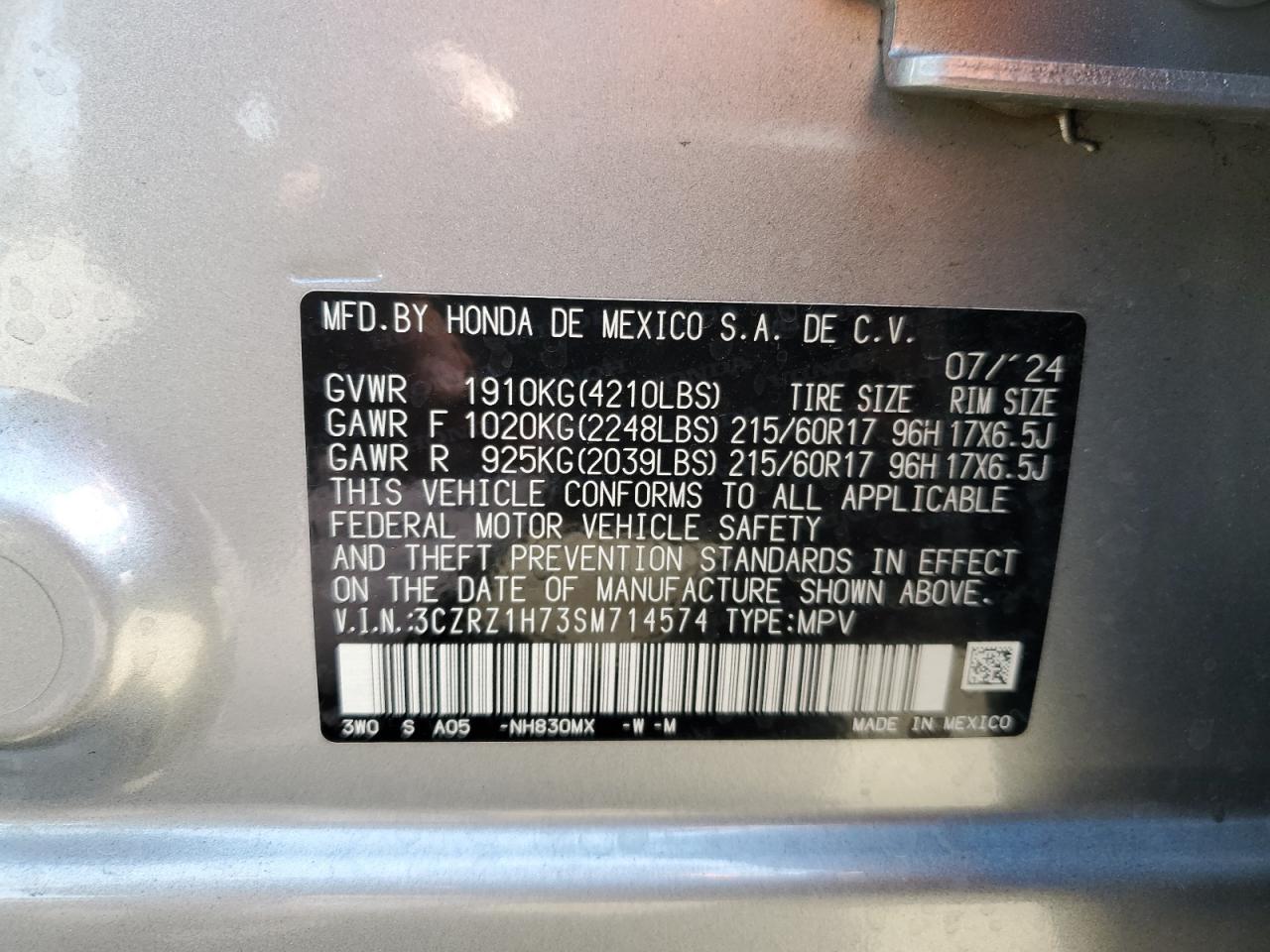 2025 Honda Hr-V Exl VIN: 3CZRZ1H73SM714574 Lot: 69868215