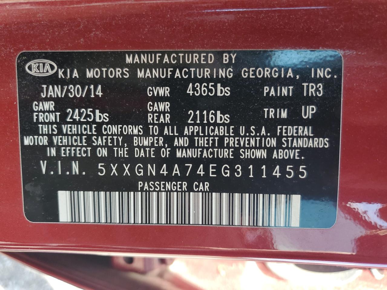 2014 Kia Optima Ex VIN: 5XXGN4A74EG311455 Lot: 65642765