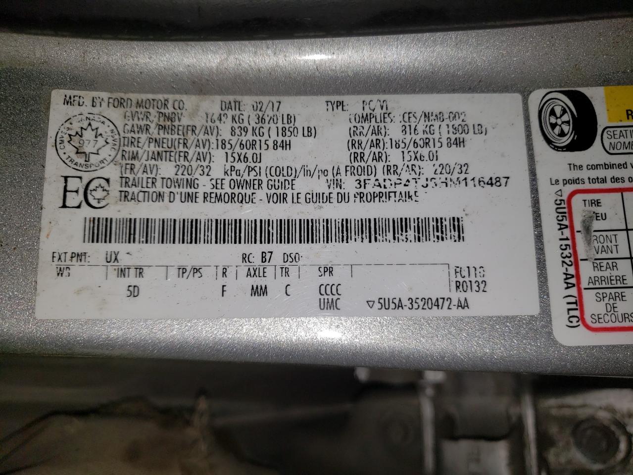2017 Ford Fiesta S VIN: 3FADP4TJ8HM116487 Lot: 70059815