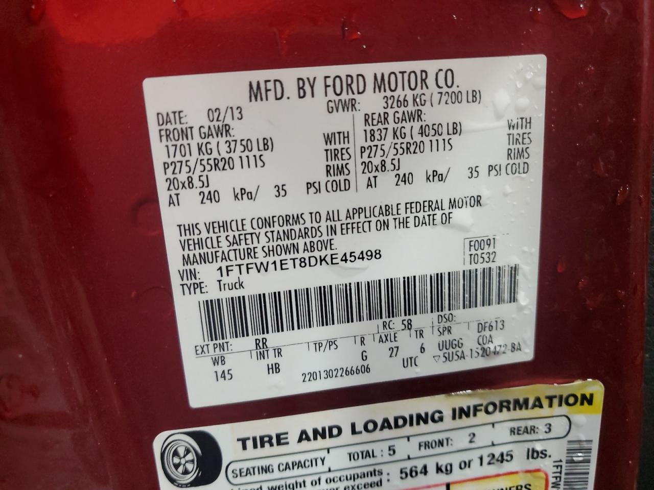 2013 Ford F150 Supercrew VIN: 1FTFW1ET8DKE45498 Lot: 67114315