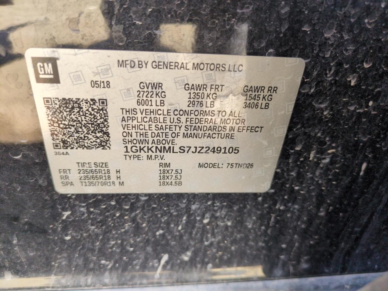 2018 GMC Acadia Slt-1 VIN: 1GKKNMLS7JZ249105 Lot: 66345435