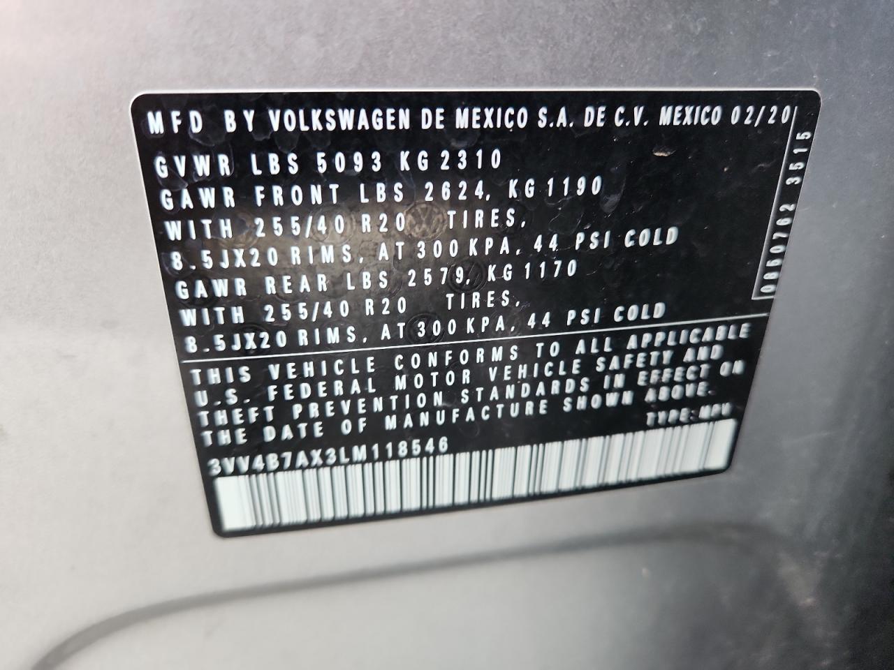 2020 Volkswagen Tiguan Sel Premium R-Line VIN: 3VV4B7AX3LM118546 Lot: 70311115