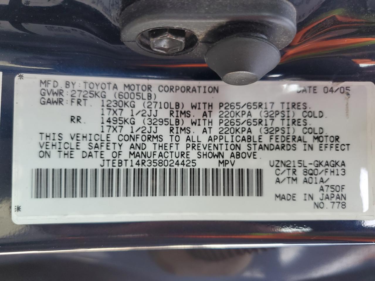 2005 Toyota 4Runner Sr5 VIN: JTEBT14R358024425 Lot: 68542265