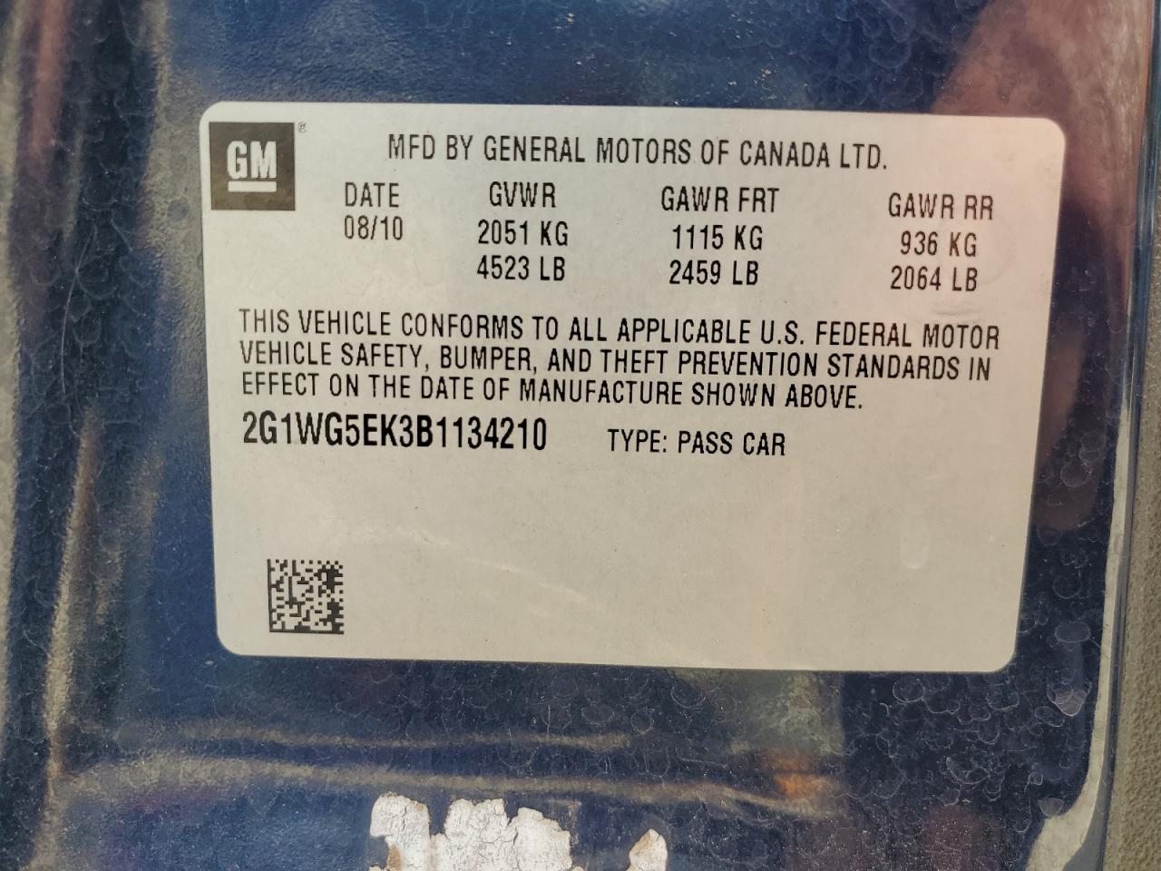 2011 Chevrolet Impala Lt VIN: 2G1WG5EK3B1134210 Lot: 68738165