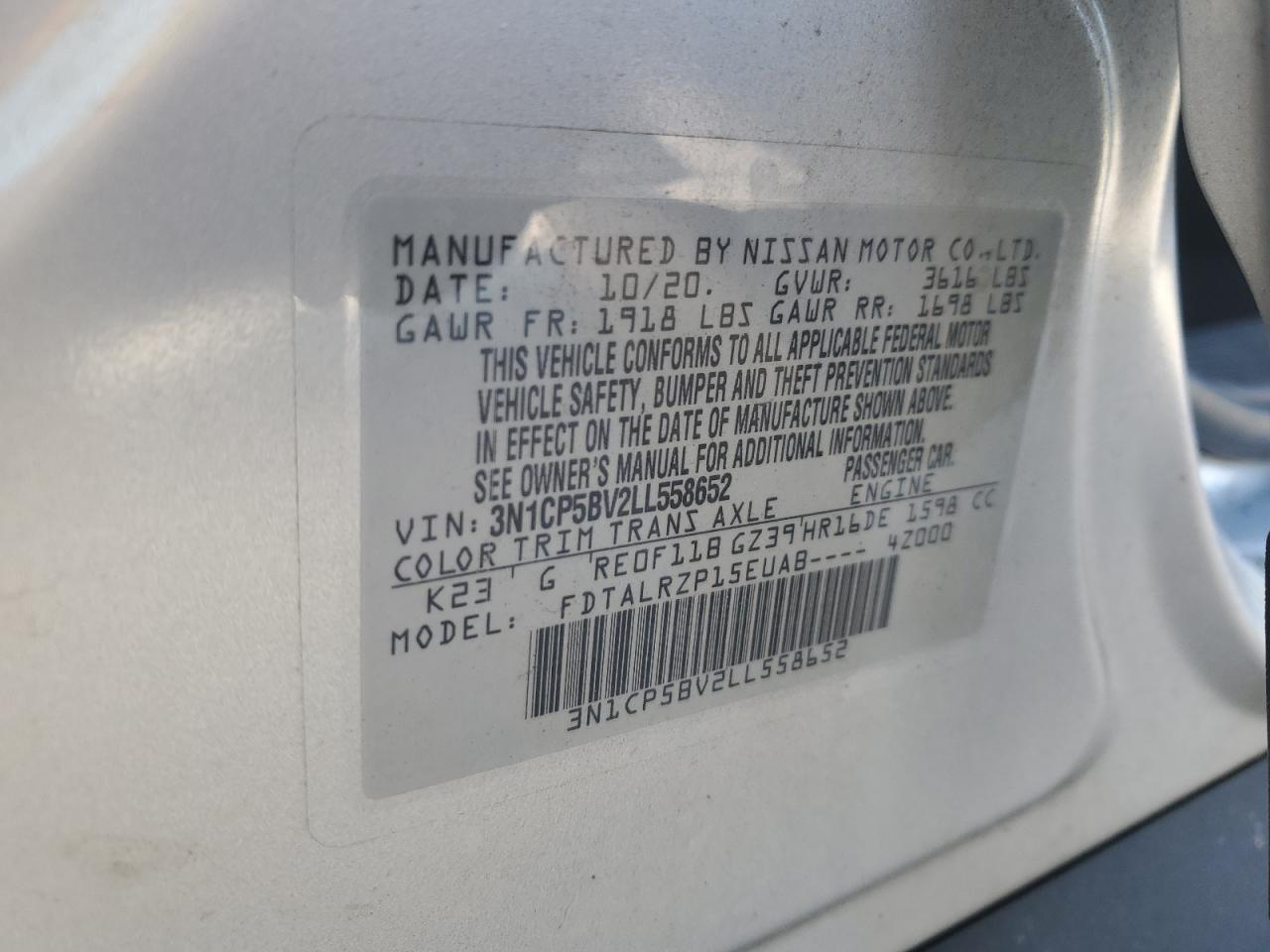 2020 Nissan Kicks S VIN: 3N1CP5BV2LL558652 Lot: 86815645