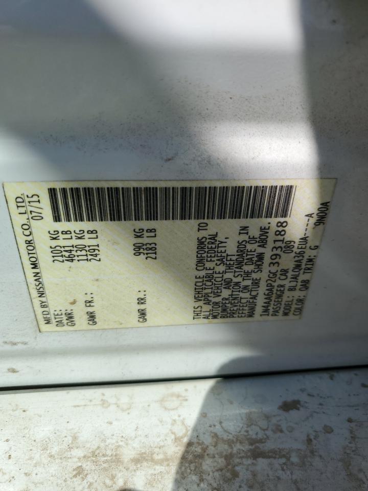 2016 Nissan Maxima 3.5S VIN: 1N4AA6AP2GC393188 Lot: 67949655