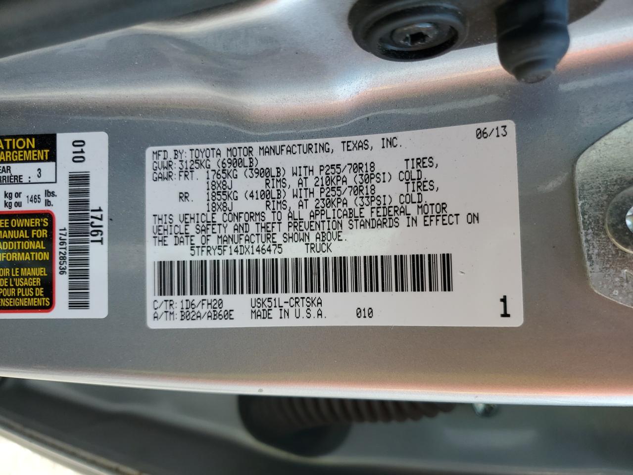 2013 Toyota Tundra Double Cab Sr5 VIN: 5TFRY5F14DX146475 Lot: 69392815