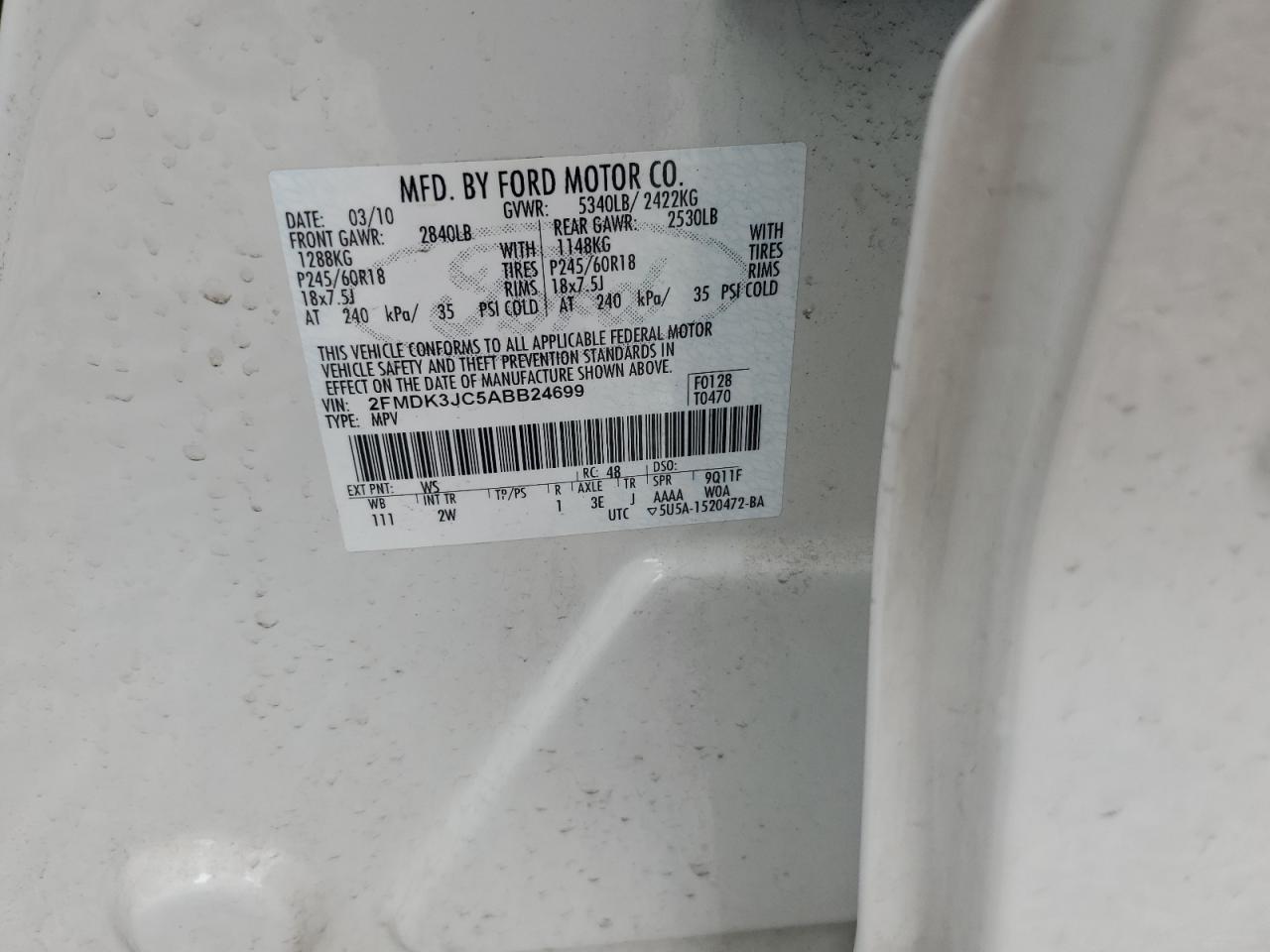 2010 Ford Edge Sel VIN: 2FMDK3JC5ABB24699 Lot: 70015555