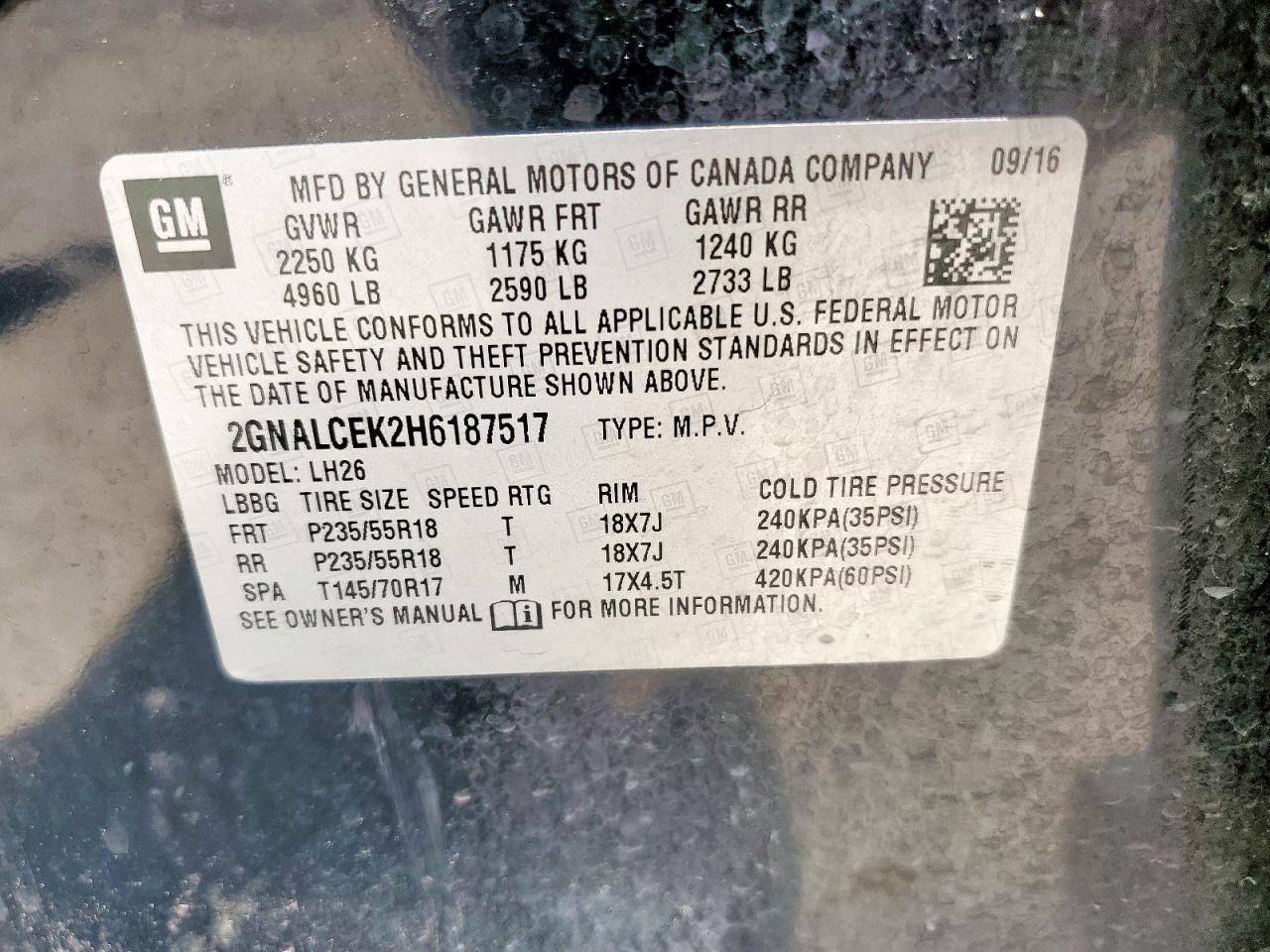 2GNALCEK2H6187517 2017 Chevrolet Equinox Lt