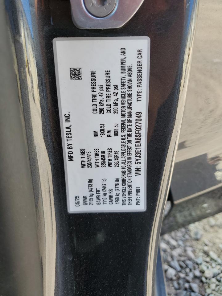 2025 Tesla Model 3 VIN: 5YJ3E1EA6SF027049 Lot: 69480955