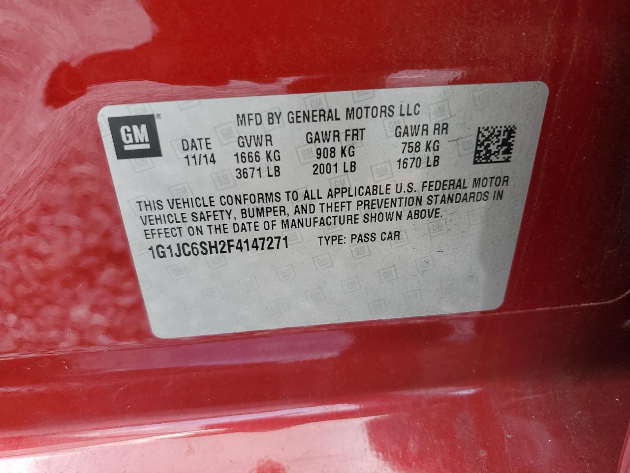 2015 Chevrolet Sonic Lt VIN: 1G1JC6SH2F4147271 Lot: 68901275