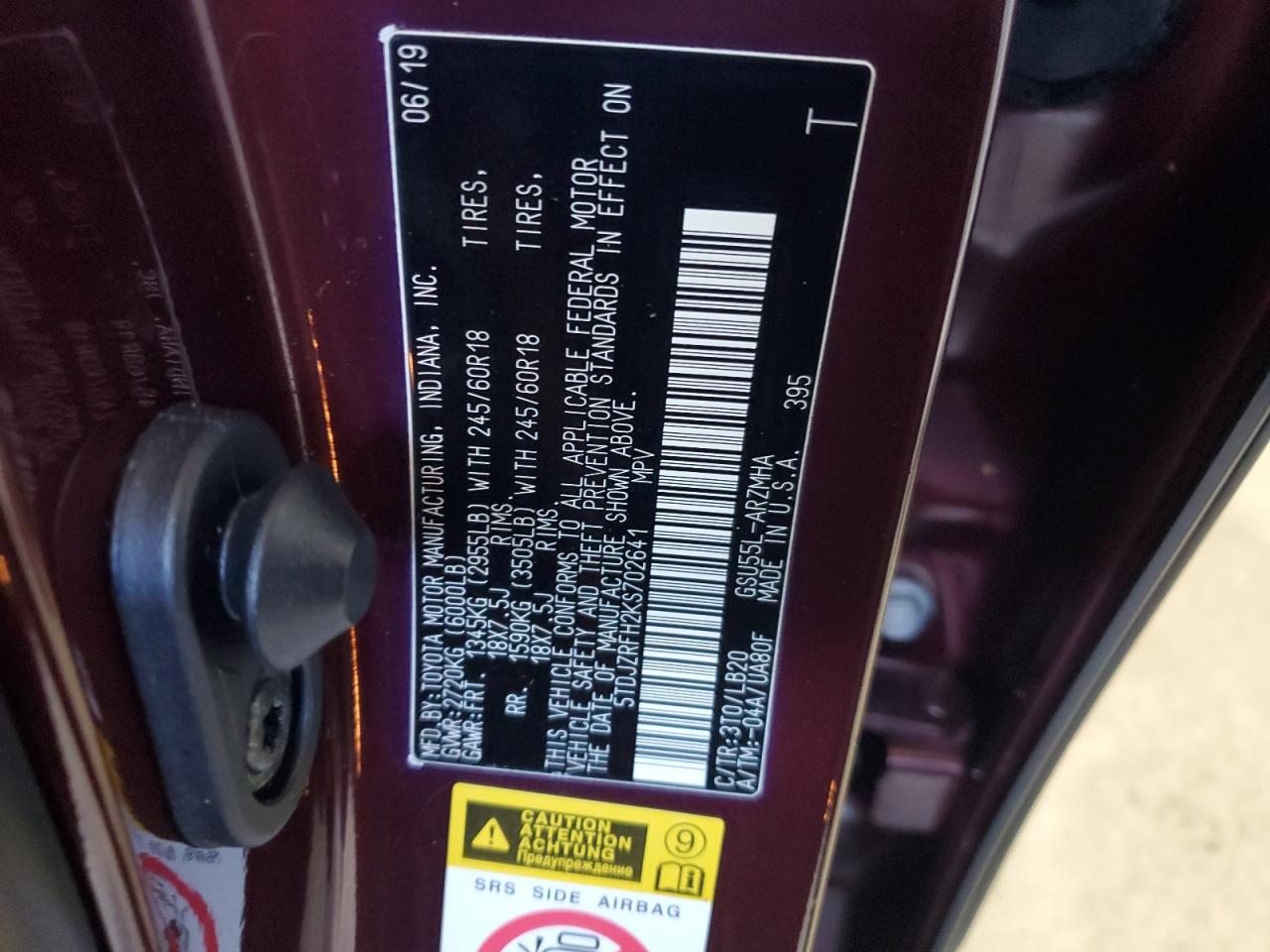 2019 Toyota Highlander Se VIN: 5TDJZRFH2KS702641 Lot: 68809475