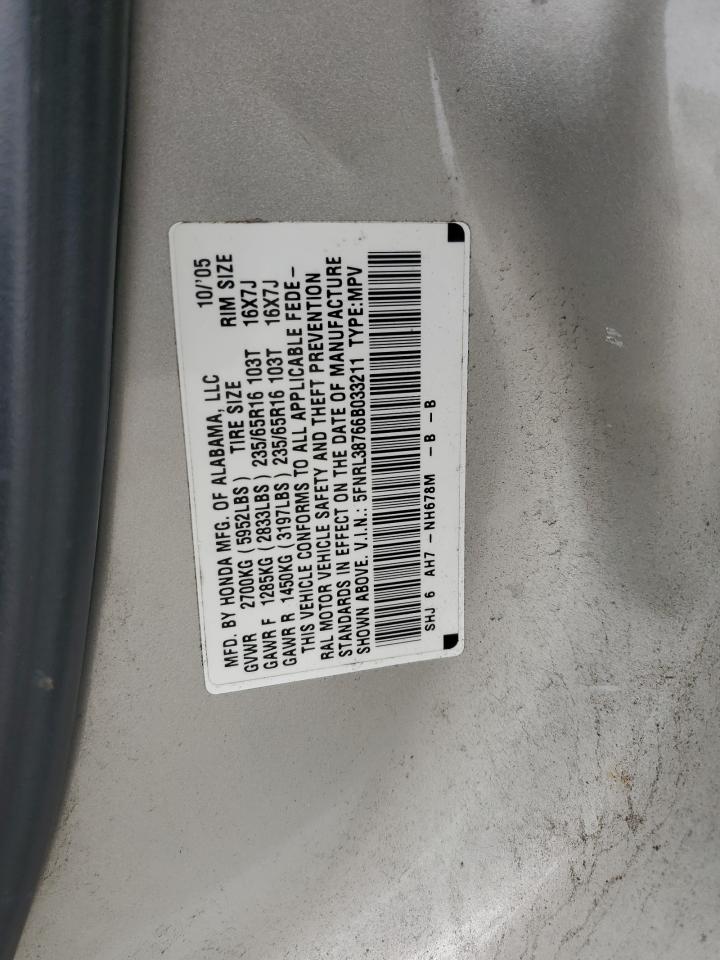 2006 Honda Odyssey Exl VIN: 5FNRL38766B033211 Lot: 67525895