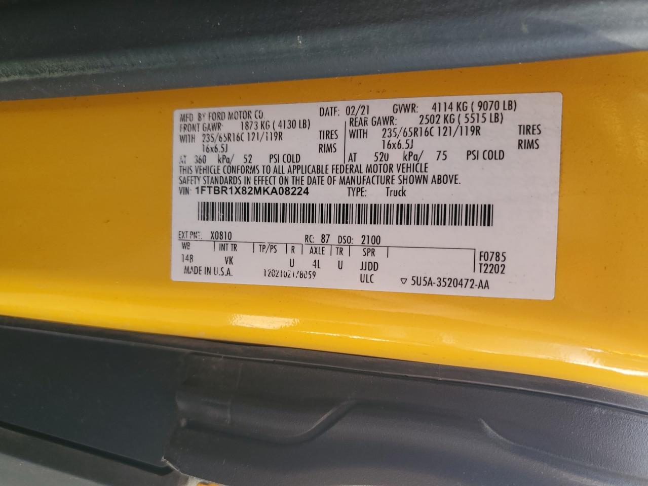 2021 Ford Transit T-250 VIN: 1FTBR1X82MKA08224 Lot: 68391655