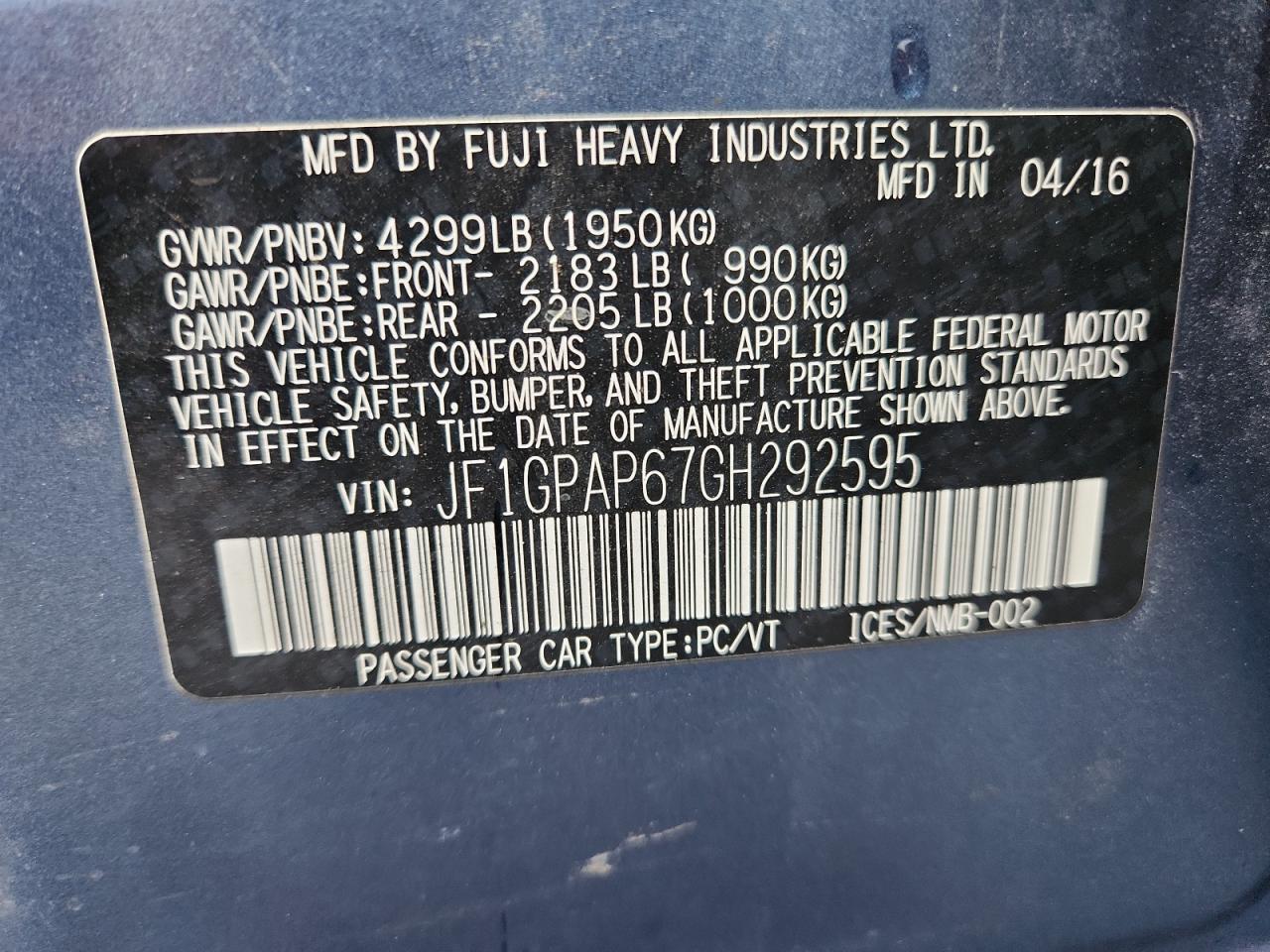 2016 Subaru Impreza Sport Premium VIN: JF1GPAP67GH292595 Lot: 70569865