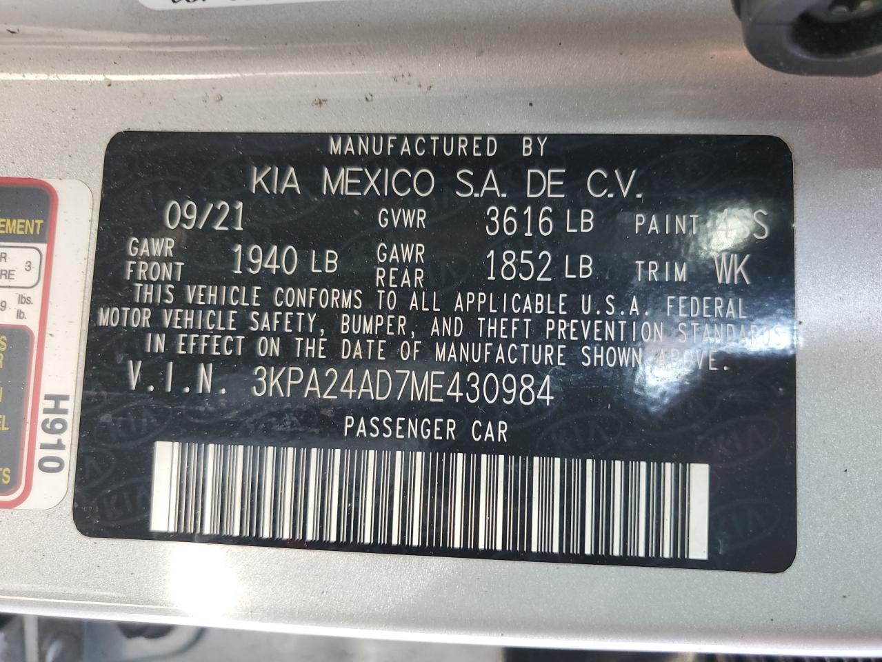 2021 Kia Rio Lx VIN: 3KPA24AD7ME430984 Lot: 67770925