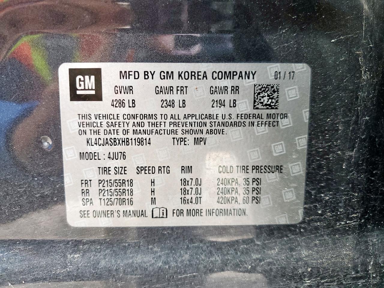 2017 Buick Encore Preferred VIN: KL4CJASBXHB119814 Lot: 69668385