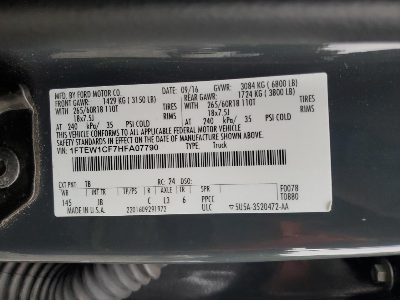 2017 Ford F150 Supercrew VIN: 1FTEW1CF7HFA07790 Lot: 69863665