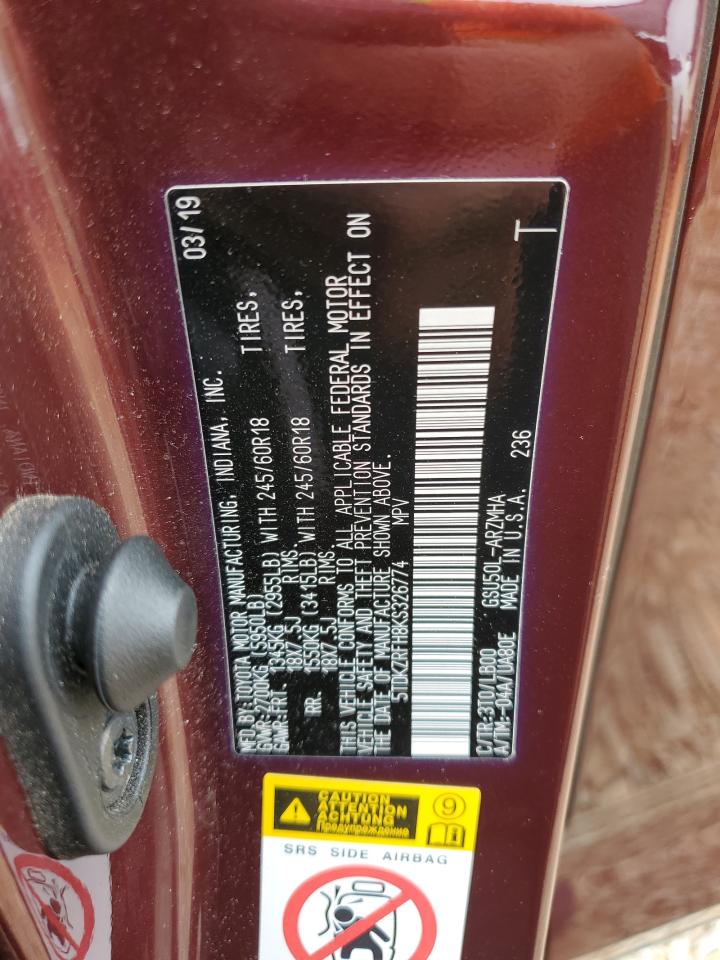 2019 Toyota Highlander Se VIN: 5TDKZRFH8KS326774 Lot: 69750795