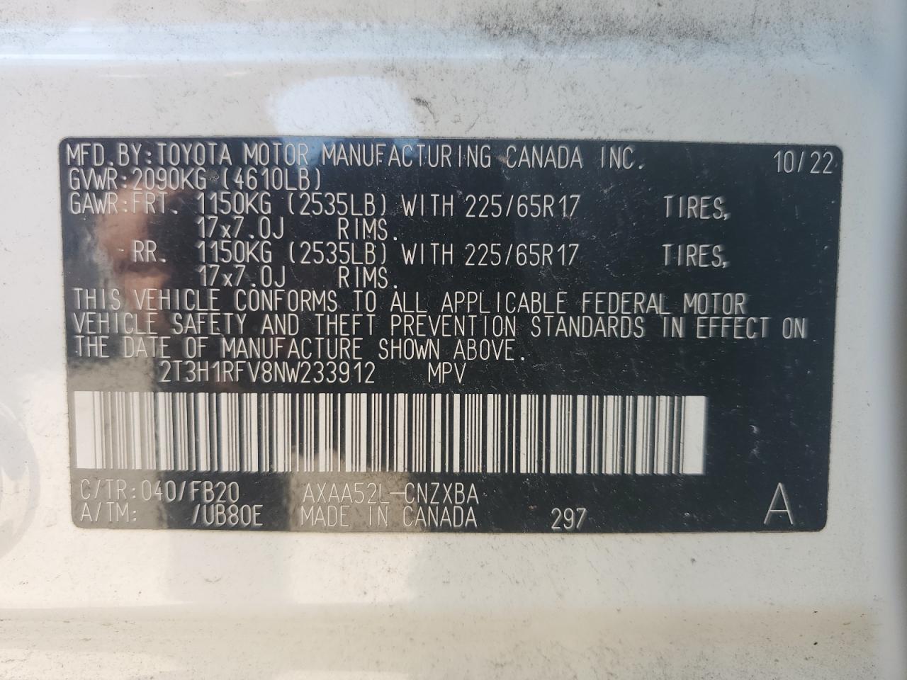 2022 Toyota Rav4 Le VIN: 2T3H1RFV8NW233912 Lot: 70321205