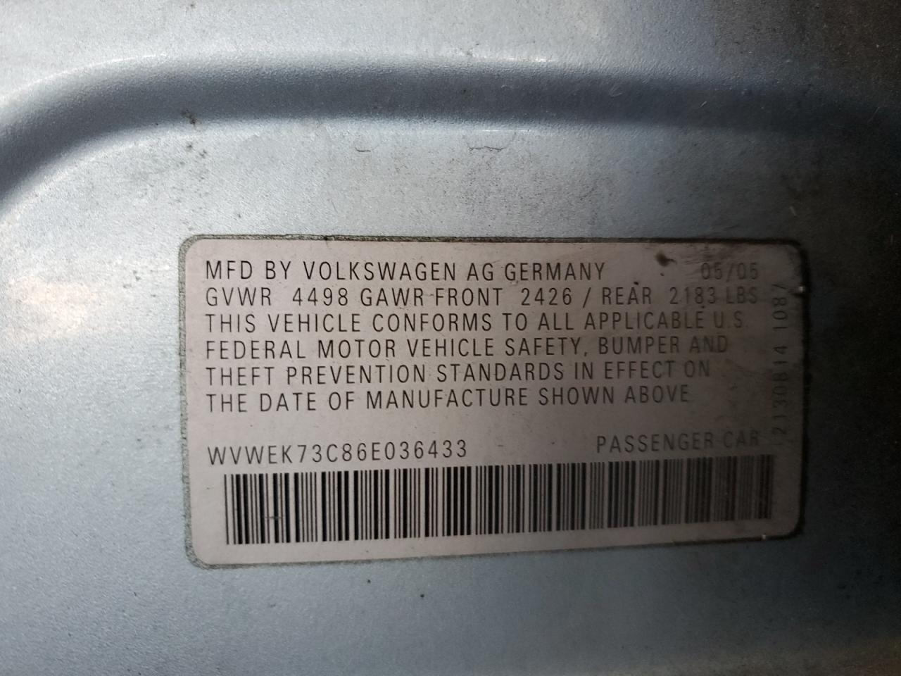 2006 Volkswagen Passat 2.0T Luxury VIN: WVWEK73C86E036433 Lot: 67474325