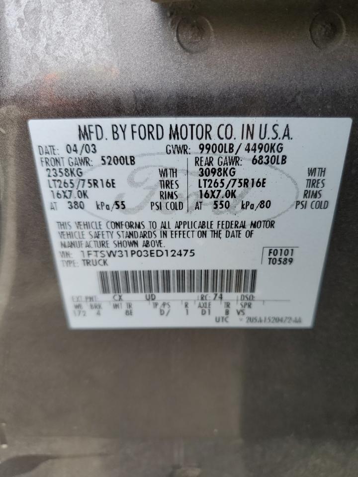 2003 Ford F350 Srw Super Duty VIN: 1FTSW31P03ED12475 Lot: 67614875