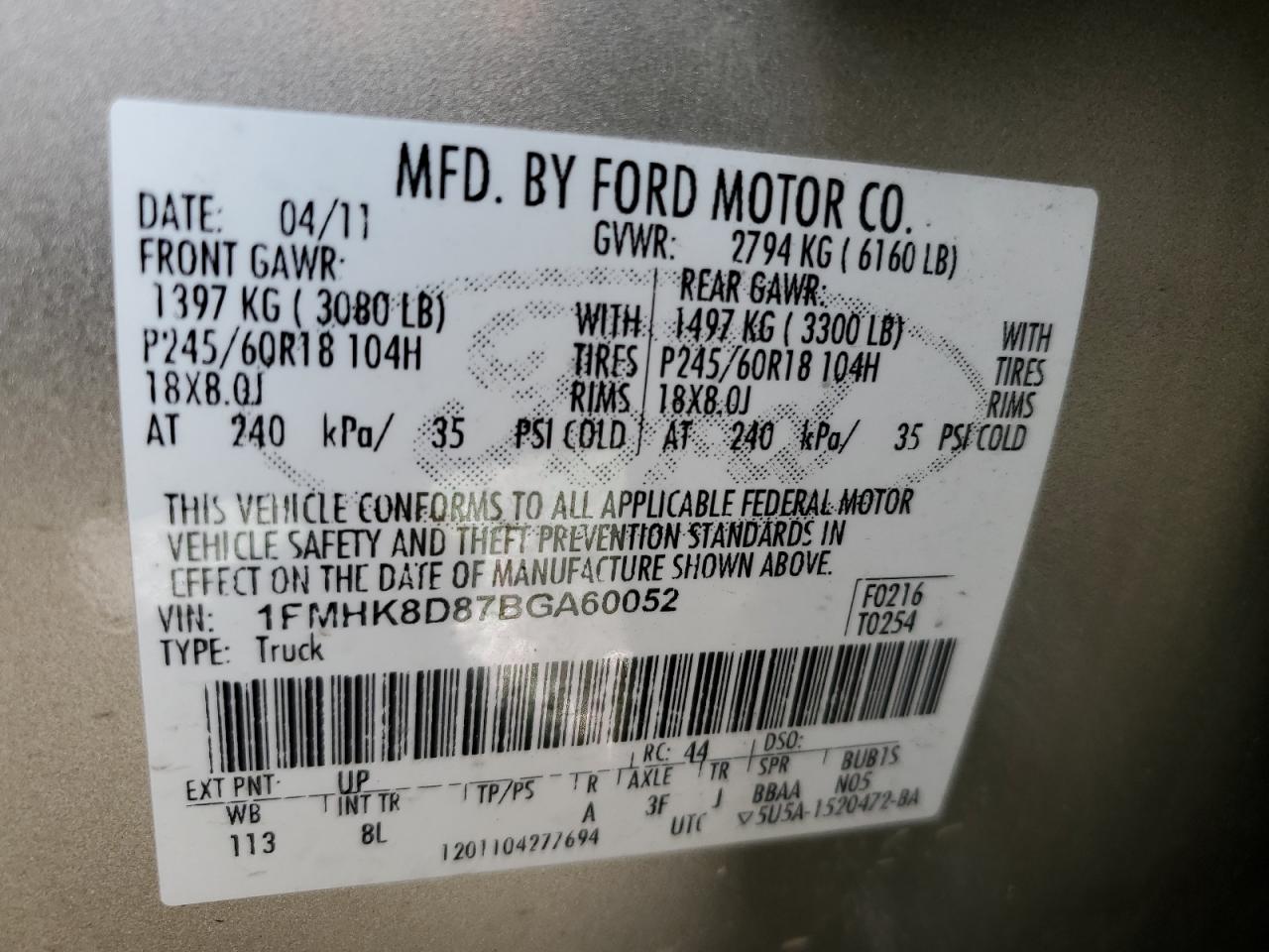 2011 Ford Explorer Xlt VIN: 1FMHK8D87BGA60052 Lot: 67612895