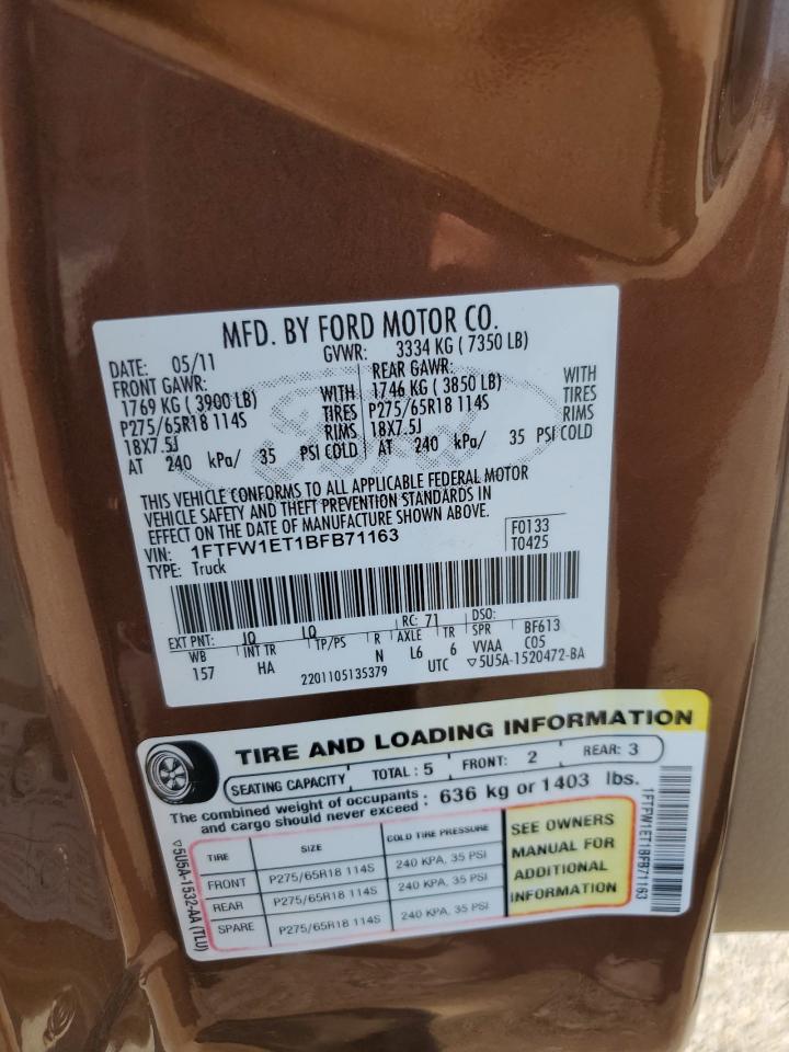 2011 Ford F150 Supercrew VIN: 1FTFW1ET1BFB71163 Lot: 61981585