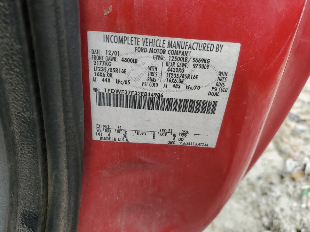 2002 Ford F350 Super Duty VIN: 1FDWF37F32EB44986 Lot: 69068635